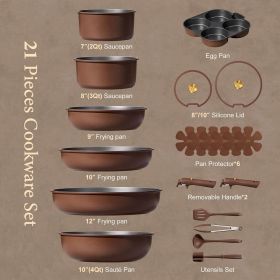 21pcs Pots and Pans Set, Nonstick Cookware Set Detachable Handle, Induction Kitchen Cookware Sets Non Stick with Removable Handle, RV Cookware Se (Color: Brown)